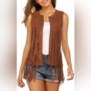 Brown Fringe Sleeveless Jacket
